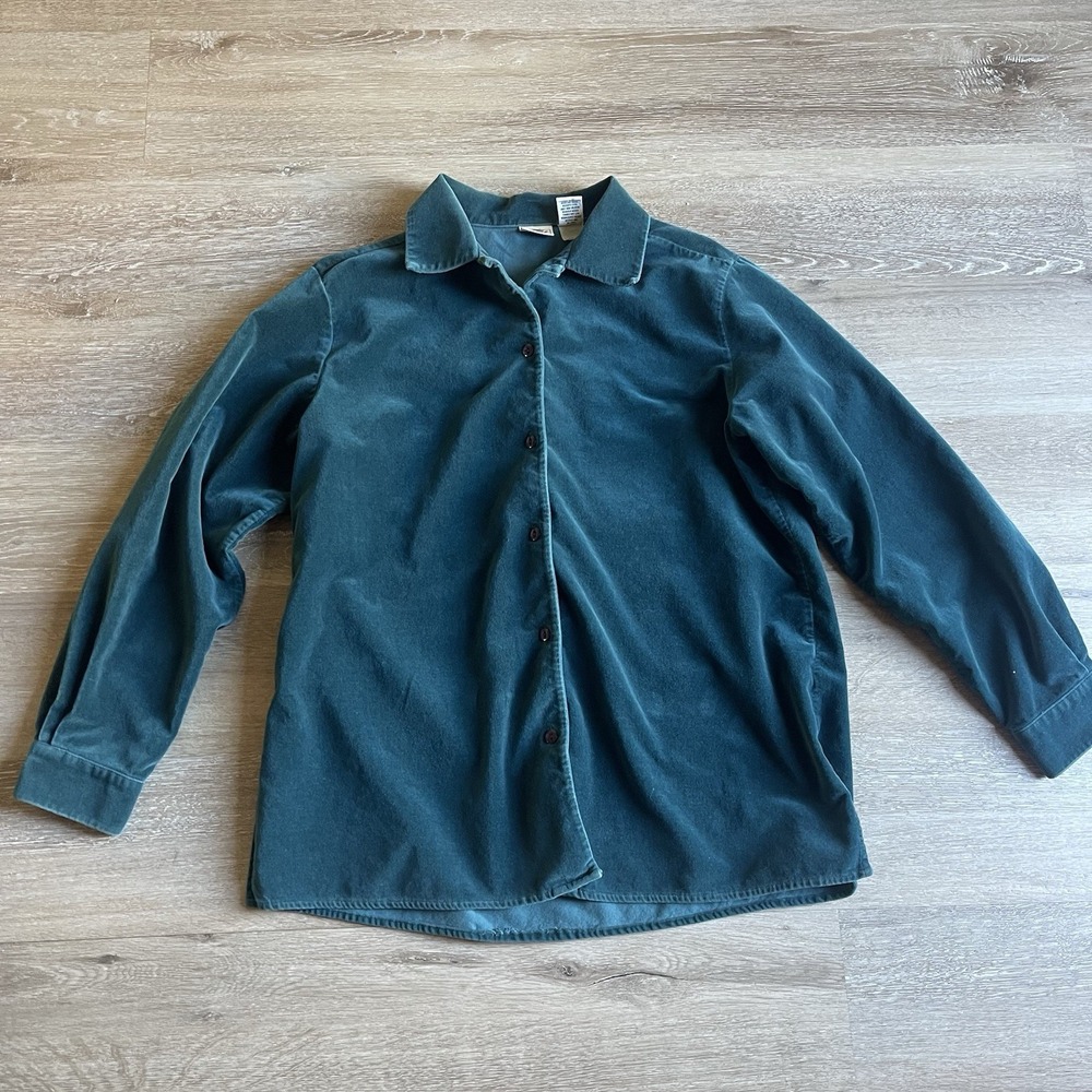Vtg LL Bean Teal Velvet Button Front Shirt Womens Medium Whimsigoth 90s
